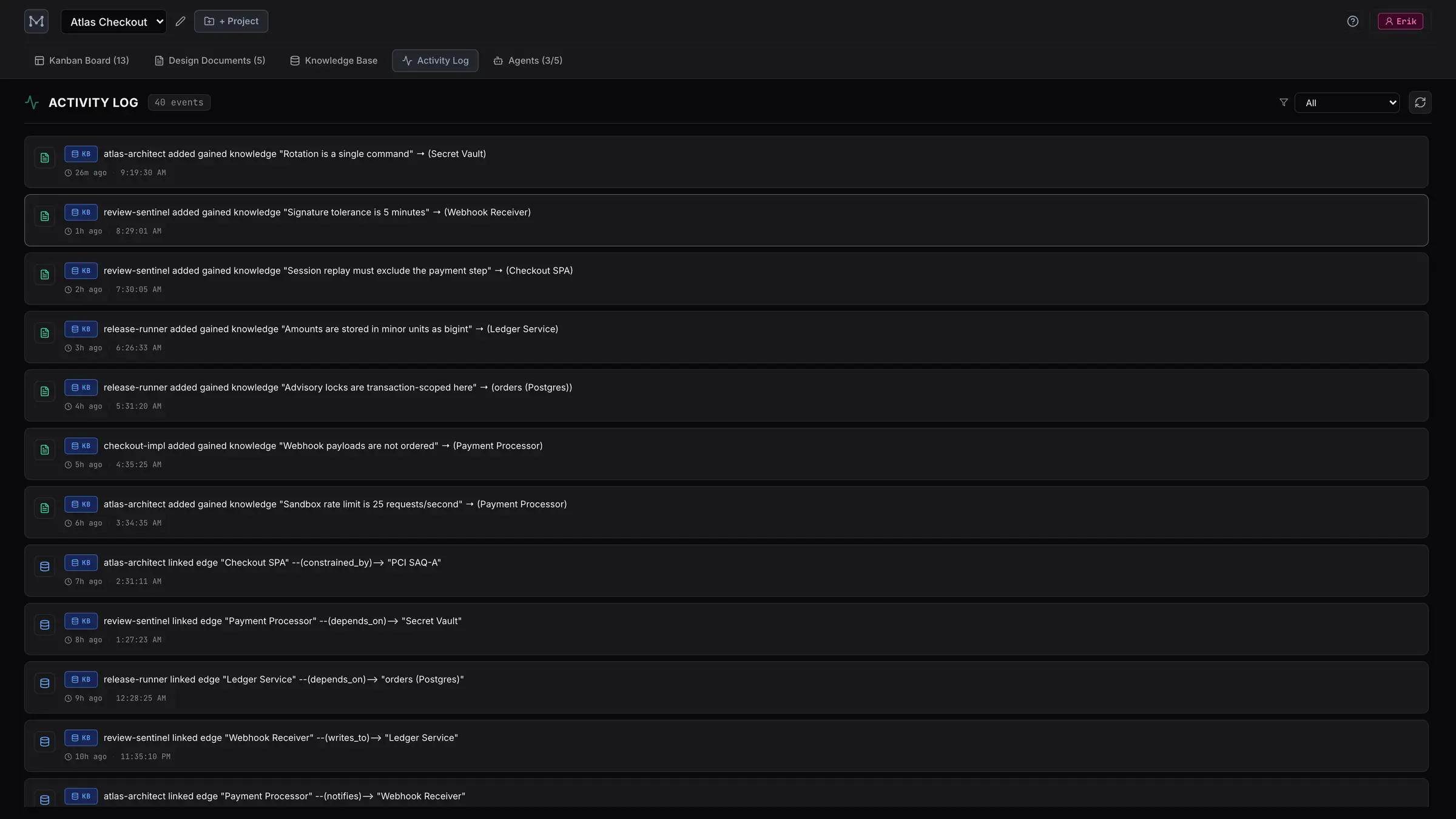 The activity log: a timestamped feed of knowledge facts added, graph edges linked and entity nodes created, attributed to individual agents.