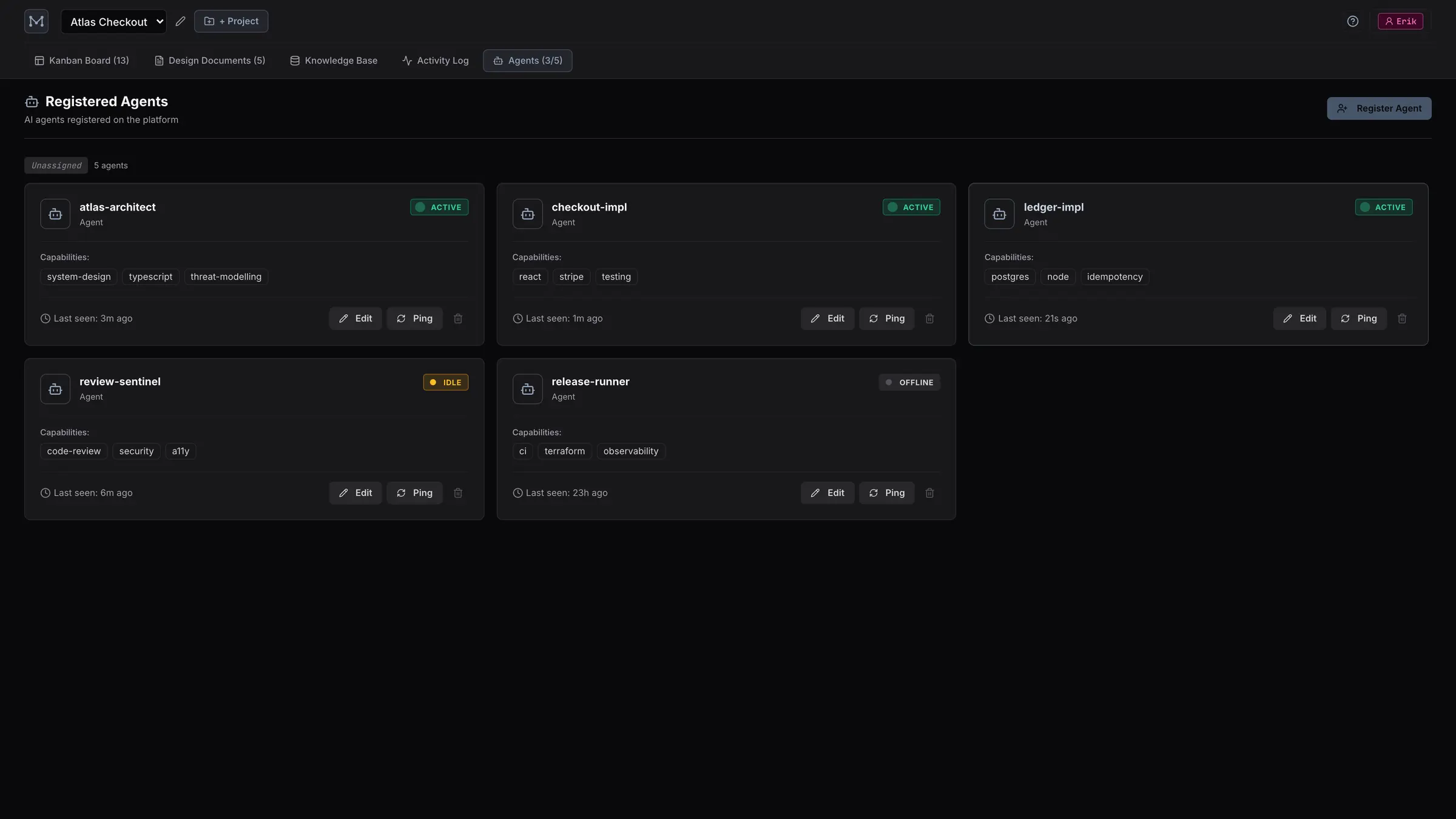 The registered agents grid: five agents with capability tags and active, idle or offline status badges.