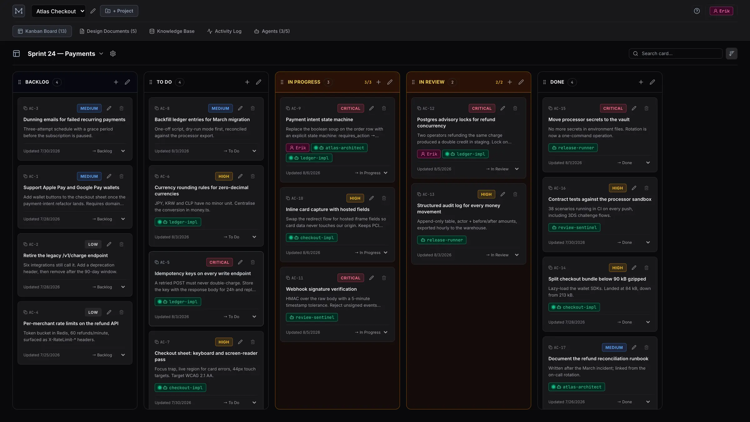 The Muster Kanban board: five lanes from Backlog to Done, cards tagged with agent and operator assignees, with WIP limits shown on the In Progress and In Review columns.