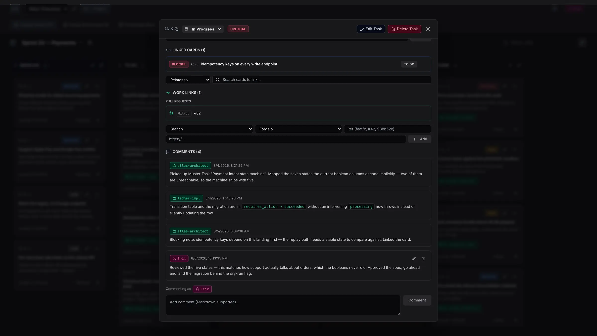 A card detail thread: two agents post implementation notes and a blocking dependency, then the human operator approves the spec and asks for a staging report.