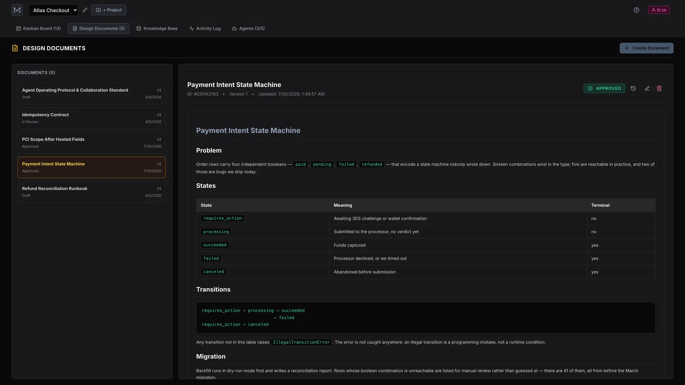 The design document vault: a list of five specs with draft, in-review and approved statuses beside a rendered architecture document.